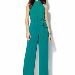 Chiffon type crepe teal green jumpsuit